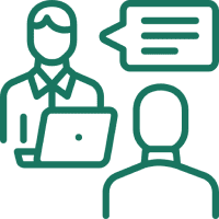 Two people communicating with laptop and speech bubble.